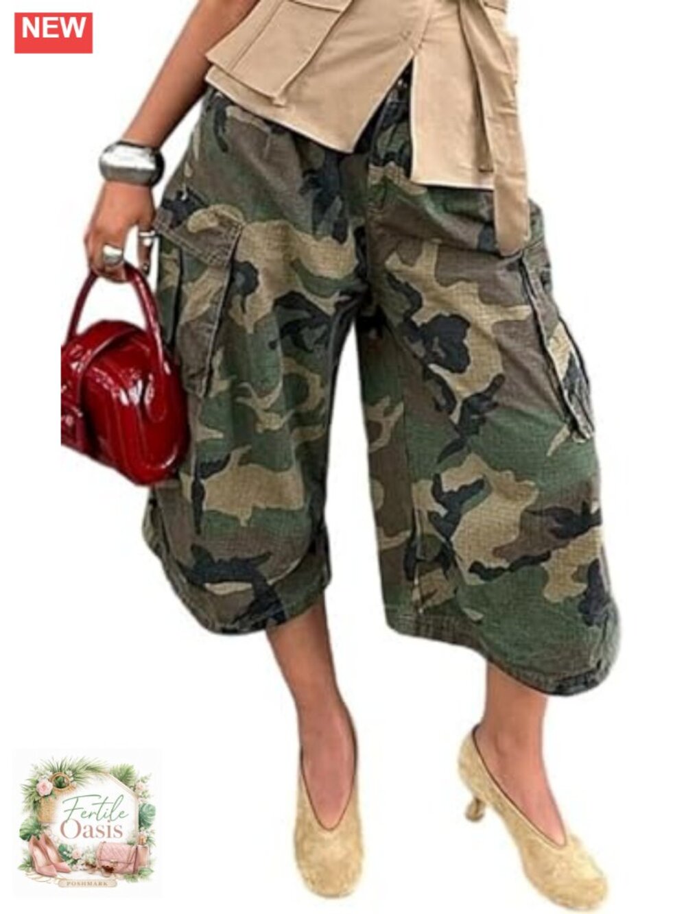 Women's Camo Cargo Pants Cropped Barrel Leg Polyester Spandex